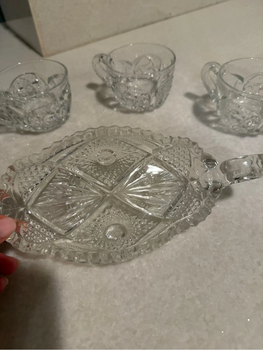 Vintage Clear Pressed Glass Tea Cup and Tray Set